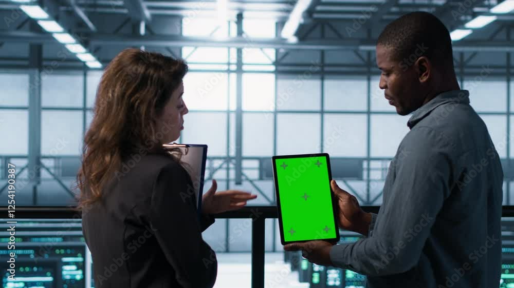 Poster software developers in data center using mockup tablet, observing performance analytics charts. serv