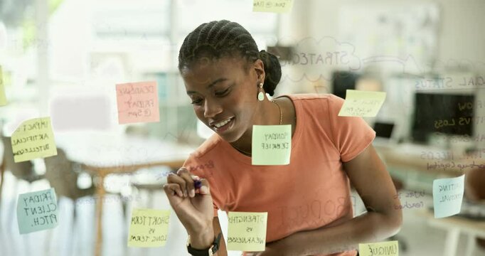 Woman, writing ideas and planning on glass board with creative list, project goals or sticky notes in office. Happy African worker with mindmap, startup development and job priority or brainstorming