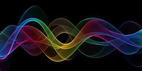 Vibrant sound waves in abstract colorful motion on dark background - dynamic data visualization and abstract points graph - digital art illustration for multimedia and technology
