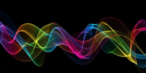 Vibrant sound waves in abstract colorful motion on dark background - dynamic data visualization and abstract points graph - digital art illustration for multimedia and technology
