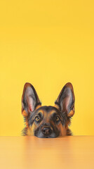 Obraz premium Adorable German Shepherd dog with alert ears and eyes on a yellow background, cute pet portrait