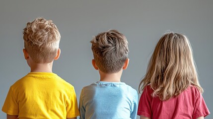 Three Children Back View In Different Colored T-Shirts