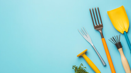 "Gardener’s Essentials: Flat Lay of Tools on Light Blue"

