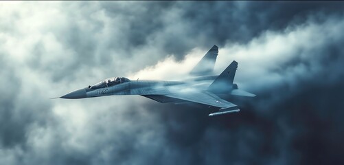 sleek fighter jet captured mid-flight against a dramatic cloudy background