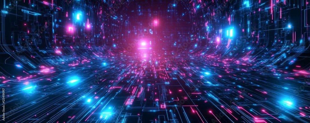 Poster Digital data stream flows through glowing cyberspace tunnel