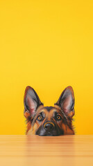 Obraz premium German Shepherd dog portrait with ears up on yellow background sitting at table