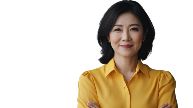 Smiling asian businesswoman with crossed arms on transparent background