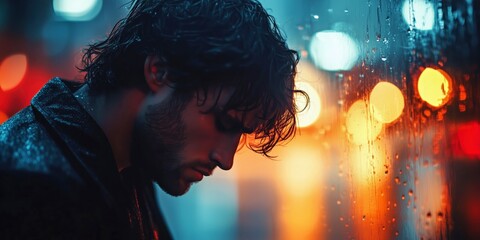 cinematic close-up of a man with wet hair and a distant gaze