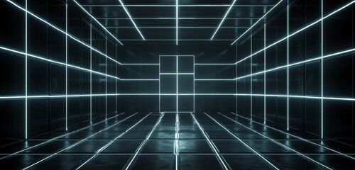 Obraz premium Futuristic neon grid room; door, background; digital art