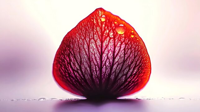 Close-up of a vibrant, translucent petal with water droplets against a soft, blurred background