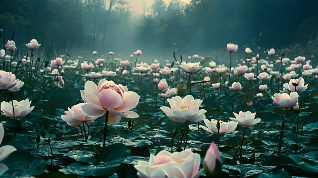 Serenity of blooming lotus flowers in a tranquil misty lake during early morning light