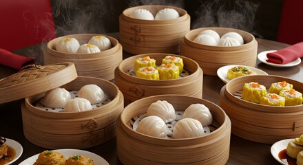 Fototapeta premium Variety of Steaming Dim Sum in Bamboo Baskets, Ready to Enjoy