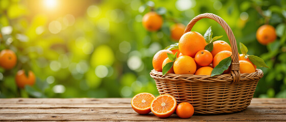 Freshly harvested oranges in a woven basket with slices, conveying a bountiful and vibrant seasonal feel amidst a soft-focus green background