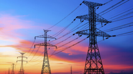 Power lines at sunset create stunning silhouette against colorful sky