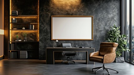 Interior Design, Office Decor, A Luxurious Gold-Trimmed Frame Displayed on a Dark Marble-Textured Wall 