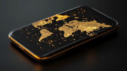 A smartphone displaying a glowing world map with interconnected lines.