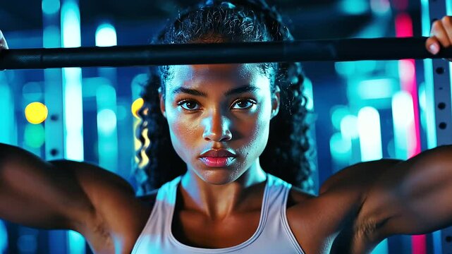 Focused woman demonstrating strength and determination during an intense pull-up session at a modern gym.