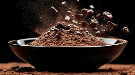 Coffee powder explosion in bowl on dark background. Use for food, drink, or beverage advertising