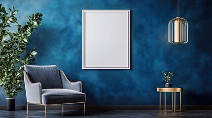 white frame on a luxurious deep navy blue textured wall with elegant furniture and gold decor elements