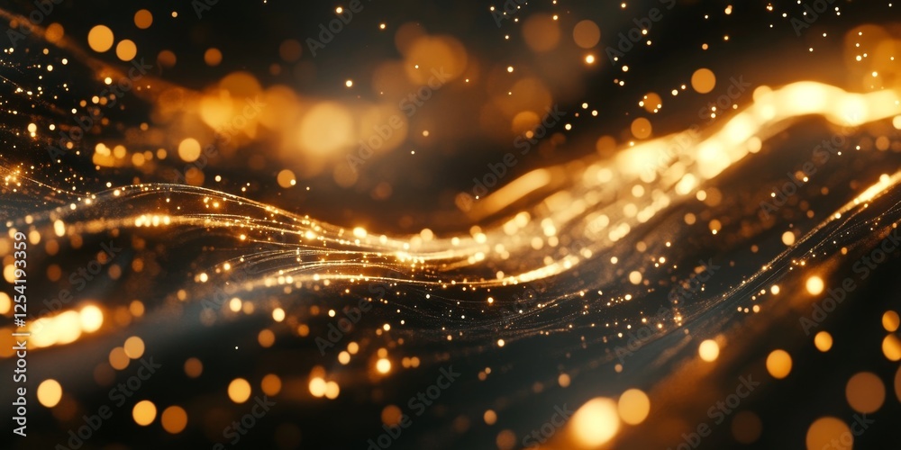 Poster golden particle wave, dark background, bokeh effect, celebratory design