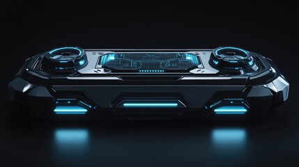 A sleek, futuristic gaming console with glowing accents and a high-tech design.