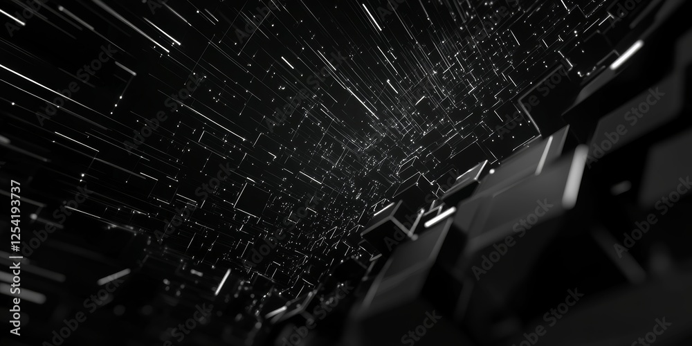 Poster Data stream flowing through digital space, dark background, tech presentation