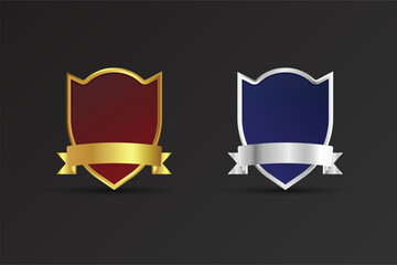 Blank shield and badge element on a dark background. Special police and security badge design. Luxurious golden and silver badge with red and blue colors. Shield vector with ribbons and text space.