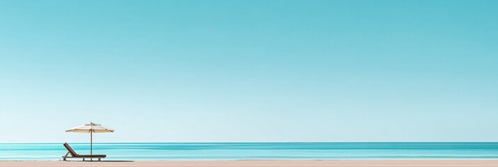 Naklejka premium Relaxing beach retreat with a lounge chair and umbrella by calm ocean waves under a clear blue sky. Generative AI