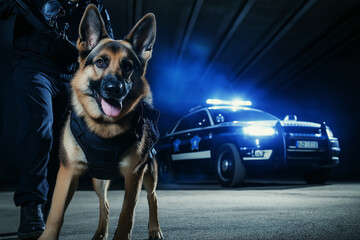 German Shepherd canine in police uniform for criminal investigation and security service
