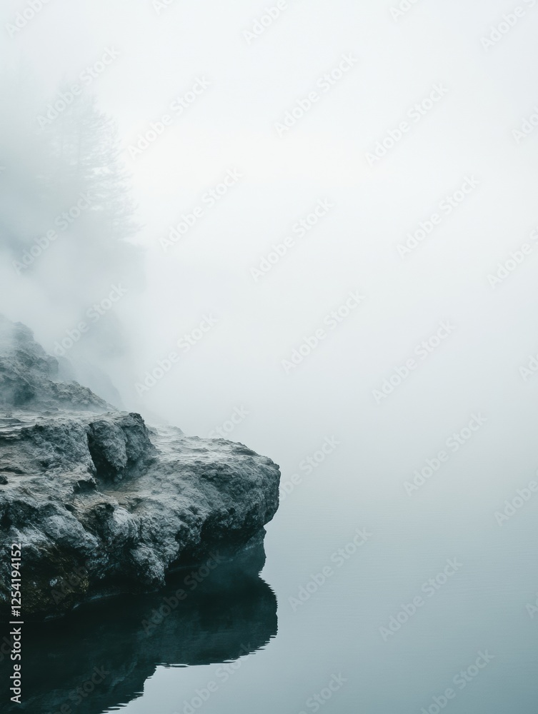 Aufkleber Relaxing in a tranquil hot spring surrounded by mist and rocky terrain at dawn. Generative AI