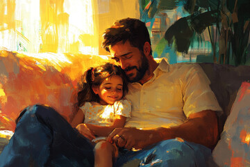 Naklejka premium Man and young girl stand beside a flowing river, gazing into the distance. Peaceful scene with trees reflecting in the water under a blue sky.