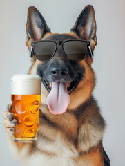 German Shepherd dog wearing sunglasses, holding beer pint and looking funny and happy