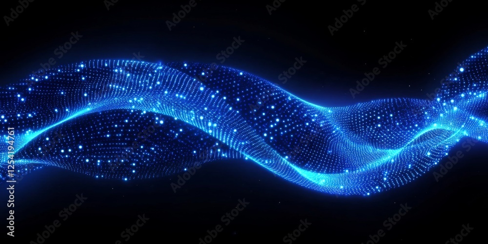 Poster glowing blue wave digital particle motion, dark background, website header