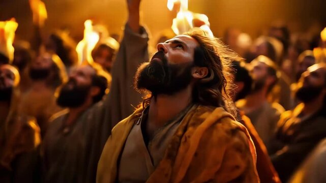The Day of Pentecost: The Holy Spirit Descends Upon Jesus's Disciples with Tongues of Fire, Biblical New Testament Depiction
