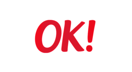 A Bold and Vibrant Representation of the Word 'OK!' in Striking Red Against a Simple Background