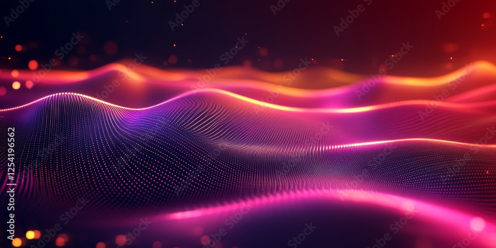 Poster abstract digital wave landscape; glowing particles background; website banner