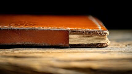 Close-up of a vintage leather-bound notebook showcasing its textured spine and wooden background