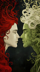 Fantasy Art Digital Illustration: Captivating Red and Green Hair Characters in Enchanting Nature Themes