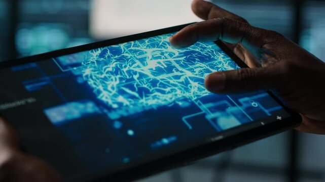 Close up of computer scientist in data center uses AI on tablet, verifying compliance of racks. IT expert using artificial intelligence on device to optimize resource utilization, camera A