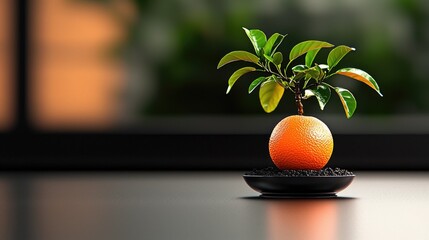 Orange bonsai tree on desk, blurred background, growth concept, stock photo