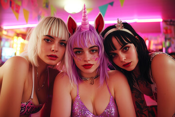 Three Young Women in Festive Costumes, Having Fun at a Night Party. A Vibrant and Playful Portrait of Friendship and Celebration.