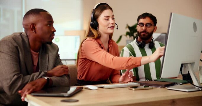 Call center, business people and mentor with computer for discussion, customer information or telemarketing. Office, manager and sales agents with question for client report, research team or headset