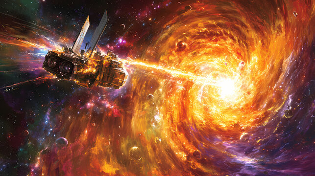 A spacecraft navigates a swirling cosmic vortex unraveling the mysteries of the universe amidst celestial chaos and radiant energy. Unraveled Dimensions. Illustration