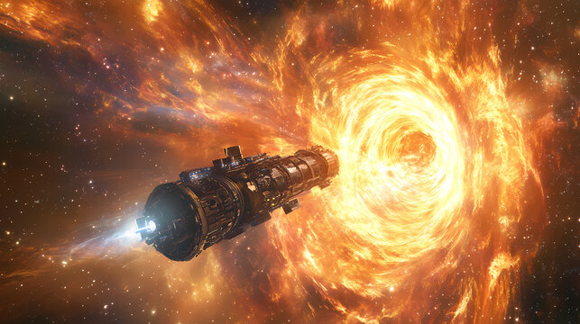 A spacecraft navigates a swirling cosmic vortex unraveling the mysteries of the universe amidst celestial chaos and radiant energy. Unraveled Dimensions. Illustration