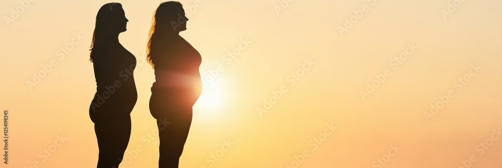 Poster weight loss transformation silhouette showing before and after results in a sunset silhouette settin
