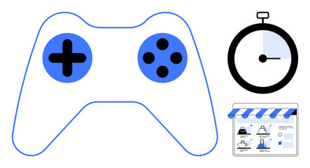 Game controller with blue and black details, stopwatch, and online store interface with graphics. Ideal for gaming, time management, e-commerce, digital marketing, online shopping, technology