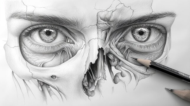 A detailed drawing of eyes within a cracked skull, blending anatomy and artistry.