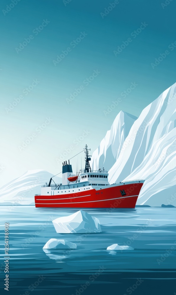 Aufkleber scientific research vessel navigating icy waters near towering mountains and floating icebergs in a 