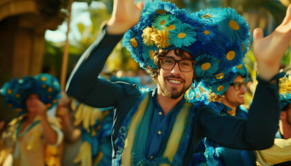 Obraz premium A vibrant celebration: Man in a flower hat smiles joyfully during a cultural parade. The image captures the energy and happiness of a traditional festival.