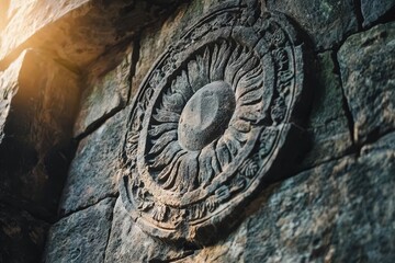 Guild emblem carved above the entrance of ancient stone building.